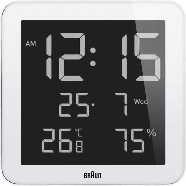 Braun White Digital LCD Wall Clock with Indoor Temperature and Humidity