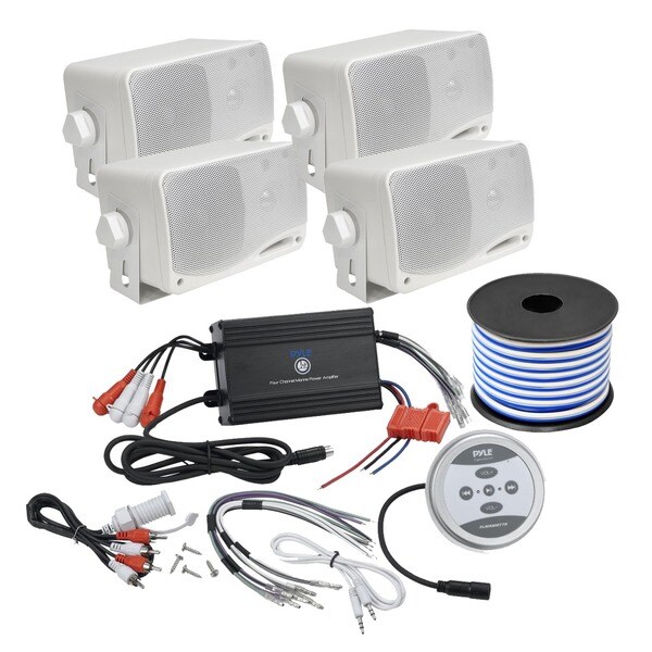 Pyle KTMBT7 Marine-grade 1200-watt 4-channel Bluetooth Amplifier with 4 3.5-inch Mini Box Speakers and 50-foot Wire