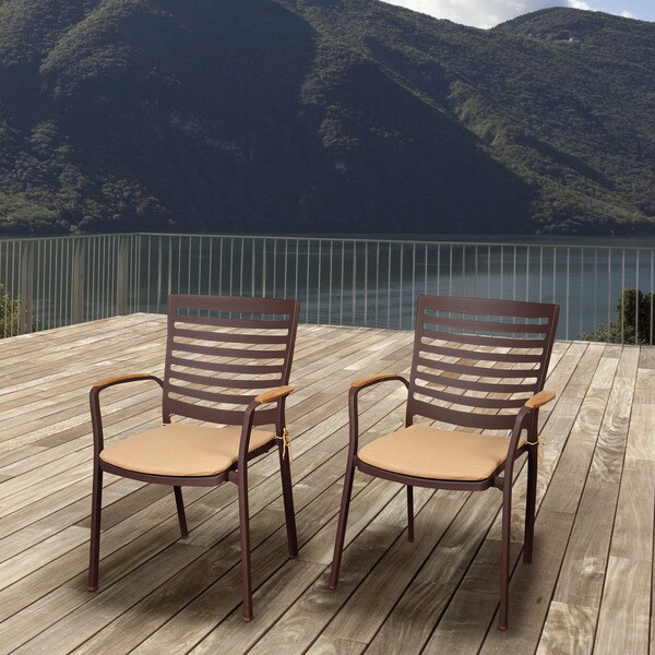 Amazonia Teak Clemson Cast Aluminum/Teak Patio Dining Armchair Set with Tan Cushions (Set of 4)