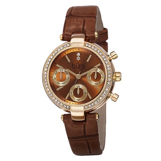 Burgi Women's Diamond Swiss Quartz Multifunction Dual-Time Leather Strap Watch