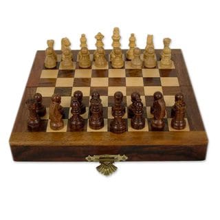 Handcrafted Seesham Wood 'Mighty Mind' Travel Chess Set (India)