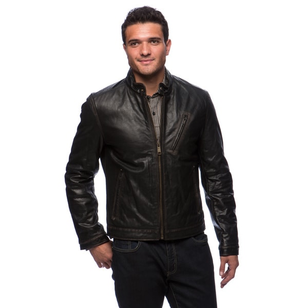 Marc New York Men's Radford Distressed Leather Moto Jacket with Diagonal Chest Zipper