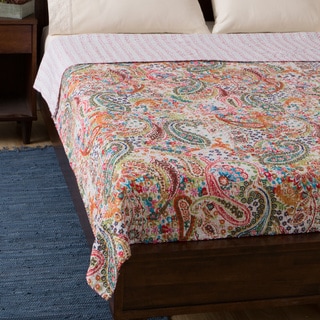 Cotton Kantha White Paisley Bed Cover