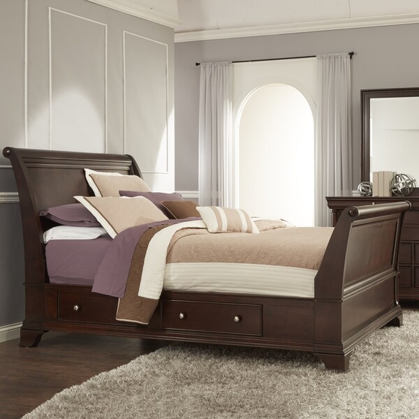 Caden Cherry Sleigh Style Platform Bed with 2drawer Storage