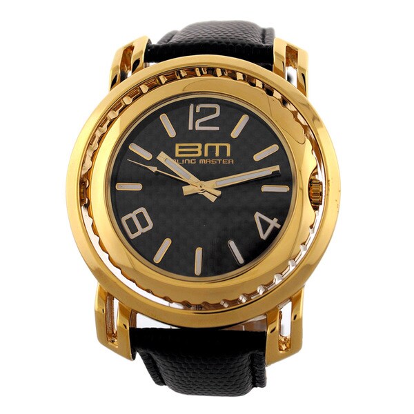 Bling Master Men's Doble Stainless Steel Leather Strap Crystal Accent Watch