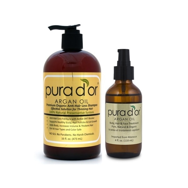 Pura d39;or Premium Organic AntiHair Loss Shampoo and Argan Oil Set 
