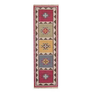 Herat Oriental Indo Hand-woven Vegetable Dye Tribal Kilim Red/ Ivory Wool Rug (2'4 x 8'2)