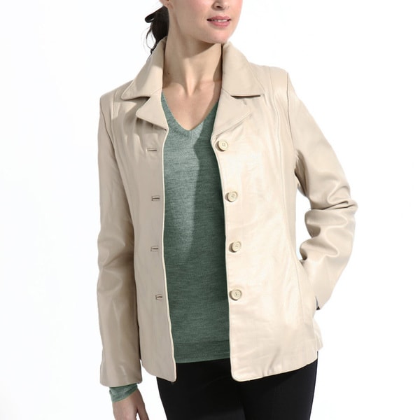 Womens Beige Lambskin Leather Button Front Jacket