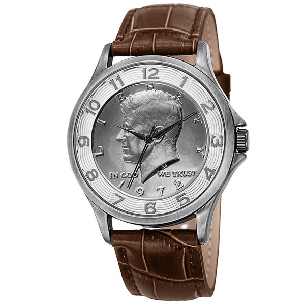 August Steiner Men's Japanese Quartz Kennedy Half Dollar Coin Leather Strap Watch
