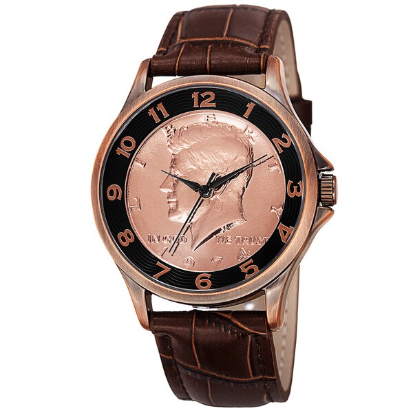 August Steiner Men's Japanese Quartz Kennedy Half Dollar Coin Leather Strap Watch