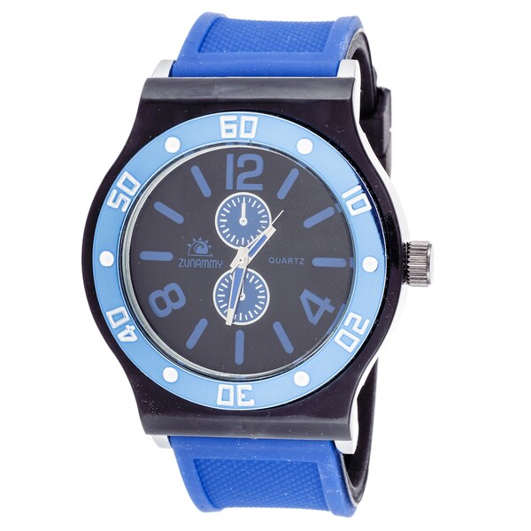 Zunammy Men's Blue Case & Ring / Blue & Black Rubber Strap Watch