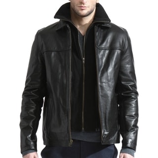 Men's Black Leather Jacket with Removable Fleece Collar (Slim European