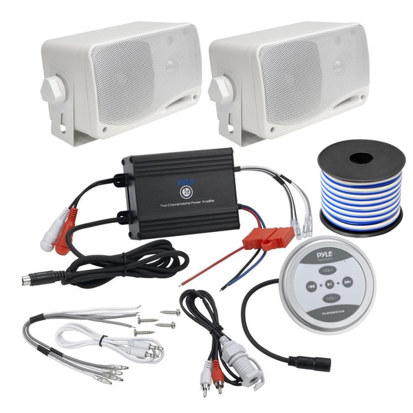 Pyle KTHSP410 600-watt 2-channel Bluetooth Marine Sound System with Pair of 3.5-inch Box Speakers and 50-foot Wire