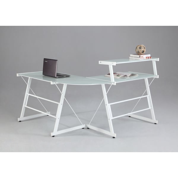 Somette LShaped White Office Desk with Upper Shelf 17390741