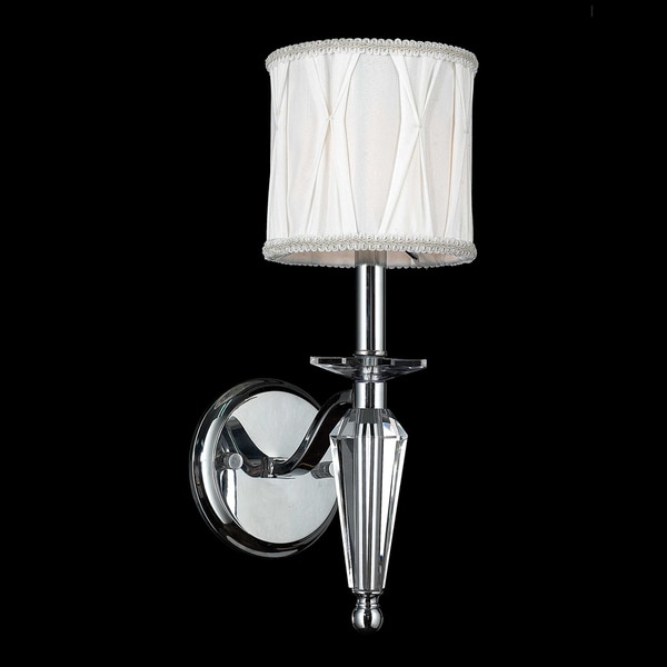 Elegant 1 Light Arm Chrome Finish Tapered Crystal Stem Wall Sconce Light with White Fabric Shade