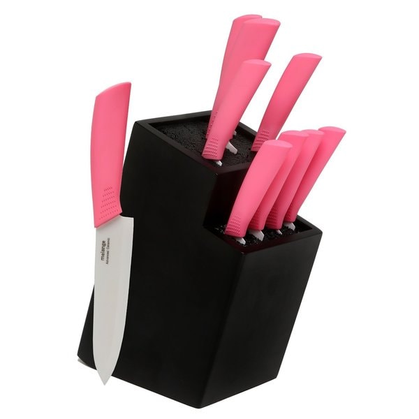Melange 10-piece Pink Ceramic Knife Set with 2-tier Black Wood ...