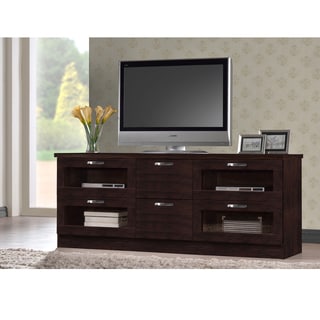 Baxton Studio Tippett 63 Inches Dark Brown Wood TV Cabinet with 4 Glass Doors and 2 Drawers
