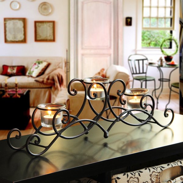 Adeco Iron Table Desktop 3-light Scroll Design Candle Holder