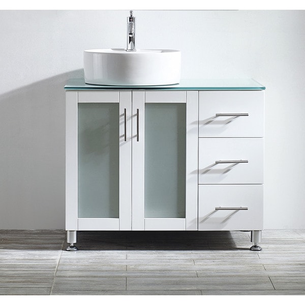 ... Vanity in White with White Vessel Sink with Glass Countertop without