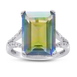 Sterling Silver 10ct Emerald-cut Rainbow Amethyst Diamond Accent Ring