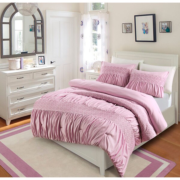 janeth rouched eyelet 3 piece comforter set overstock janeth rouched eyelet 3 piece comforter set overstock