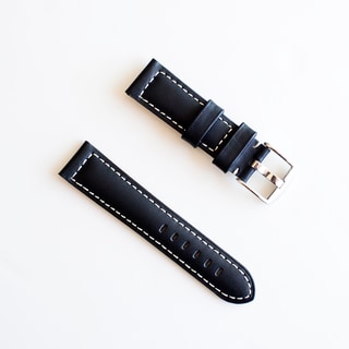 Banda Waterproof Leather Watch Band with Pan Style Buckle Design-Genuine Leather-Black with White or Black Stitching