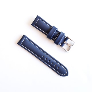 Banda Waterproof Leather Watch Band with Pan Style Buckle Design-Genuine Leather-Blue with White or Blue Stitching