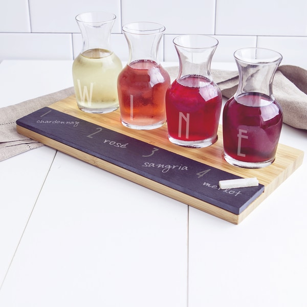 Bamboo And Slate Wine Tasting Flight Board With Wine Engraved Glasses 17452942 Overstock