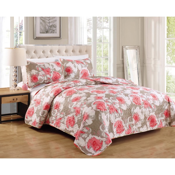 Cotton Foxfill Coral 3-piece Quilt Set