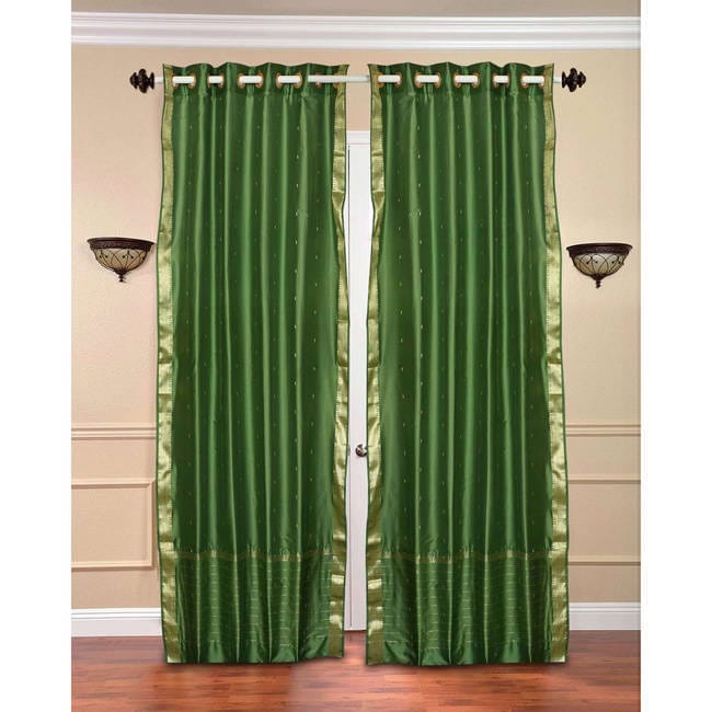 Handmade 84 Inch Forest Green Ring Top Sheer Sari Curtain Drape Window Panel India