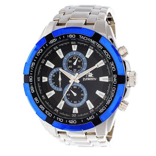 Zunammy Men's Silver Case with Blue Bezel / Silver Strap Watch