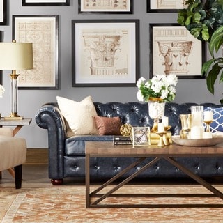 TRIBECCA HOME Knightsbridge Navy Blue Bonded Leather Tufted Scroll Arm Chesterfield Seating