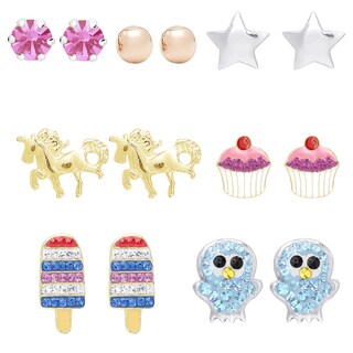 Molly and Emma Gold Over Sterling Silver Crystal Stud Earrings Set with Red Bow Gift Box