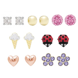 Molly and Emma Gold over Sterling Silver Crystal Stud Earrings Set with Red Bow Gift Box