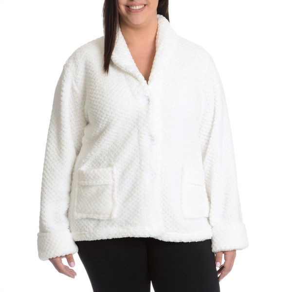 La Cera Women's Plus Size Textured Plush Button Front Sleep Shirt