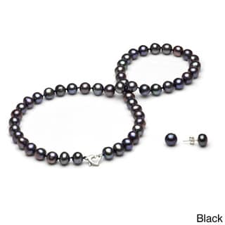 DaVonna Sterling Silver Black or White Freshwater Pearl Jewelry Set (7-8 mm)