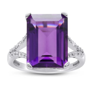 10ct Emerald Shape Amethyst and Diamond Ring In Sterling Silver