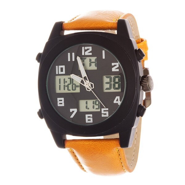 Fortune NYC Men's Black Case / Light Brown Leather Strap Analog Digital  Watch