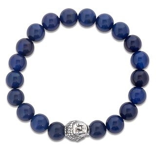 Men's Stainless Steel Polished Buddha and Blue Agate Beaded Bracelet