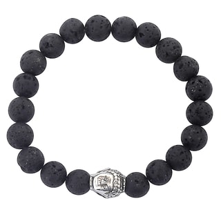 Men's Stainless Steel Polished Buddha and Black Lava Stone Beaded Bracelet