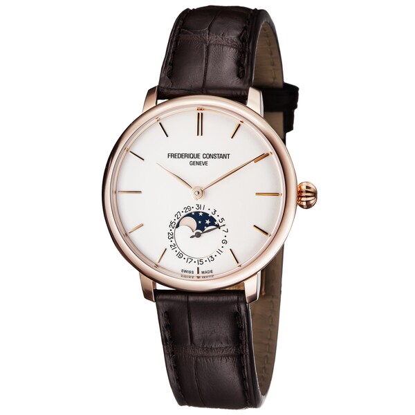 Frederique Constant Men's FC-703V3S4 'Slim Line' Silver Dial Brown Leather Strap Moon phase Swiss Automatic Watch