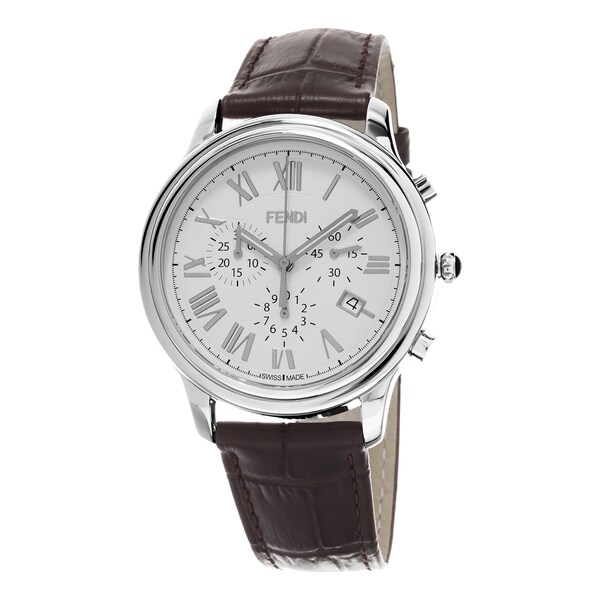 Fendi Men's F253014021 'Classico' White Dial Brown Leather Strap Leather Chronograph Swiss Quartz Watch