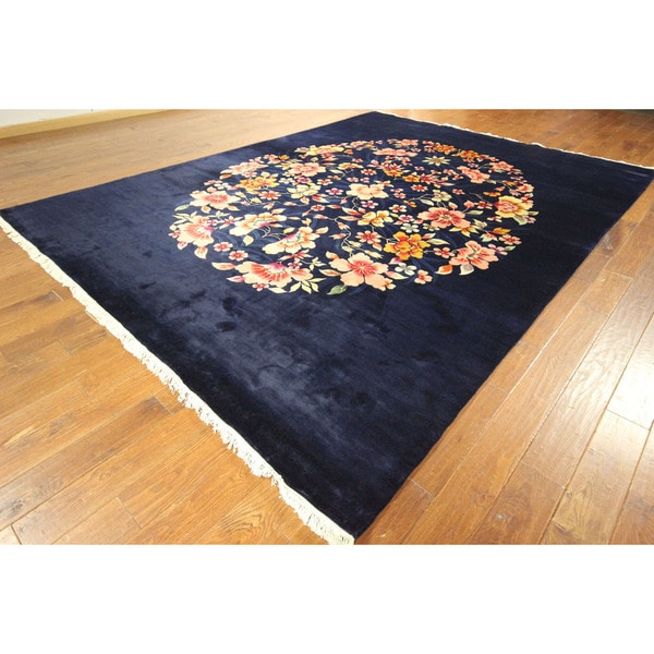 Dark Navy Blue Handknotted Wool Chinese Floral Area Rug (9' x 12