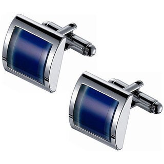 Two-tone Rhodium-plated Stainless Steel Blue Catseye Cufflinks