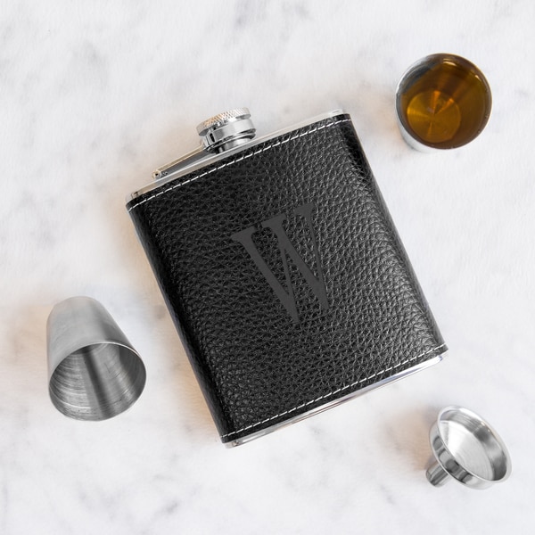 Personalized Black Leather Wrapped Flask Set