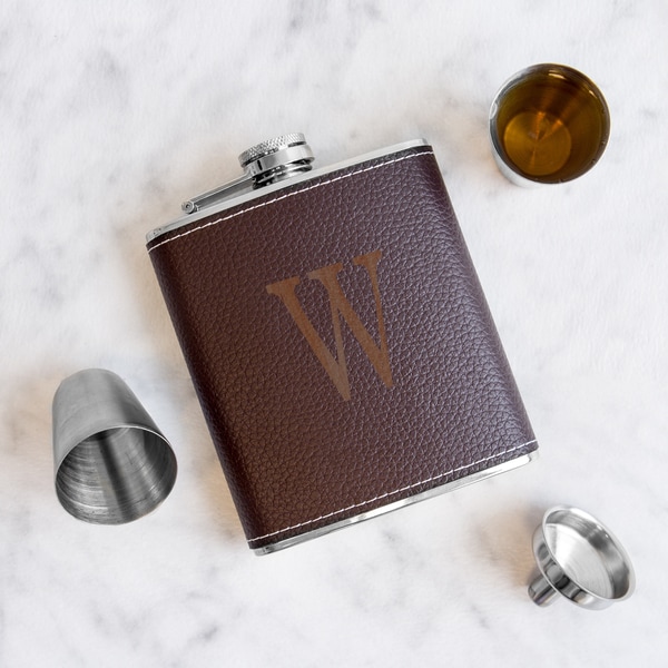 Personalized Brown Leather Wrapped Flask Set