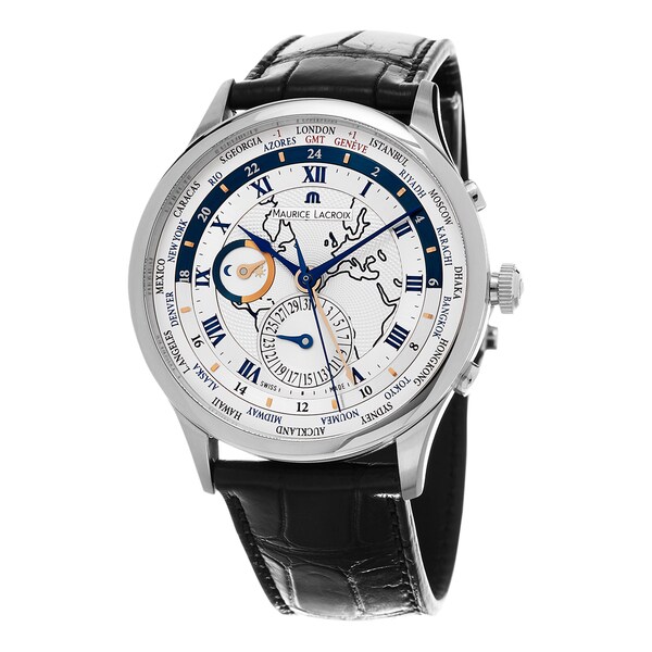 Maurice Lacroix Men's MP6008-SS001-111 'MasterPiece World timer' Silver Dial Black Leather Strap Swiss Automatic Watch