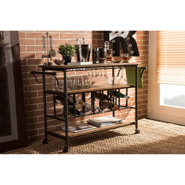 Baxton Studio Bradford Rustic Industrial Kitchen Bar Wine Serving Cart with Textured Antique Black Metal and Distressed Wood