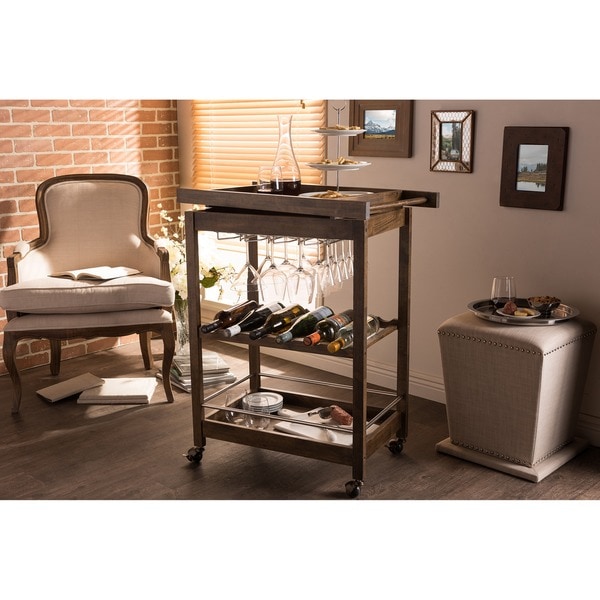 Baxton Studio Hannah Brown Finish Rubberwood Serving Bar Cart with Built-in Wine Rack and Wine Glass Holders