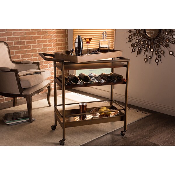 Baxton Studio Rodolfo Vintage Industrial Style Antique Copper Wood and Iron Metal Wheeled Bar Cart